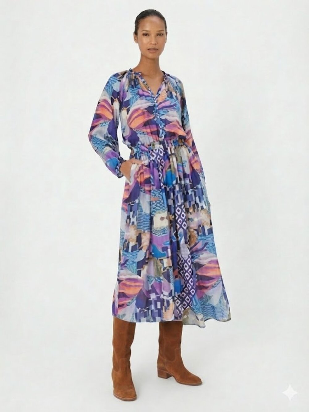 Chufy Heidi Abstract Silk Long Sleeve Midi Dress Size Small Multicolored